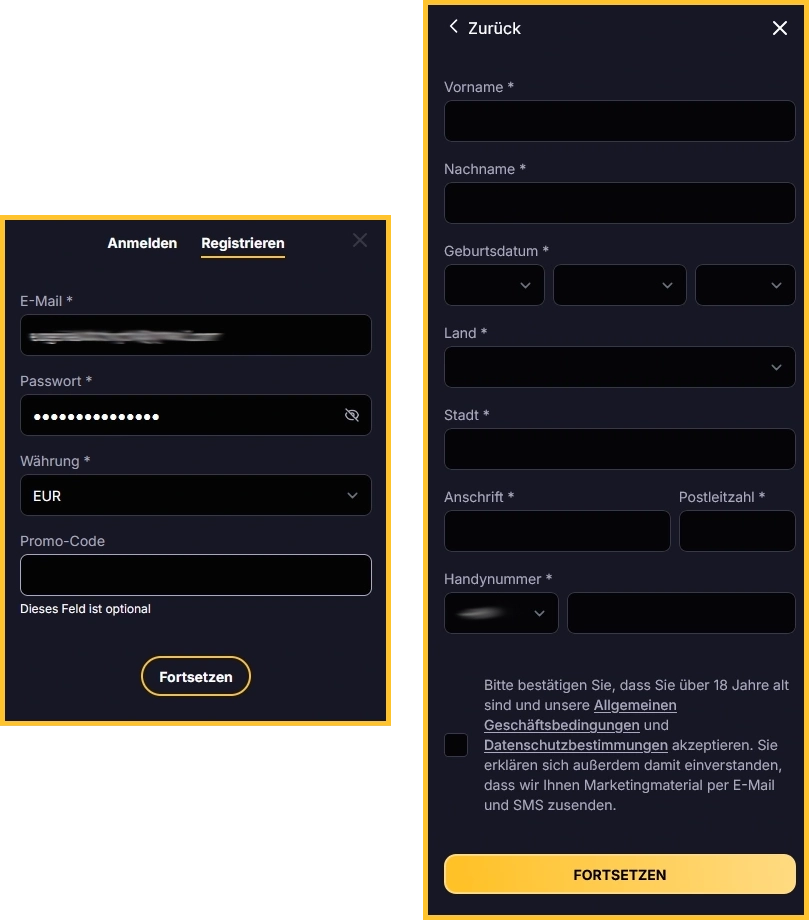 Registrierung für ein neues Konto im RoiBets Casino