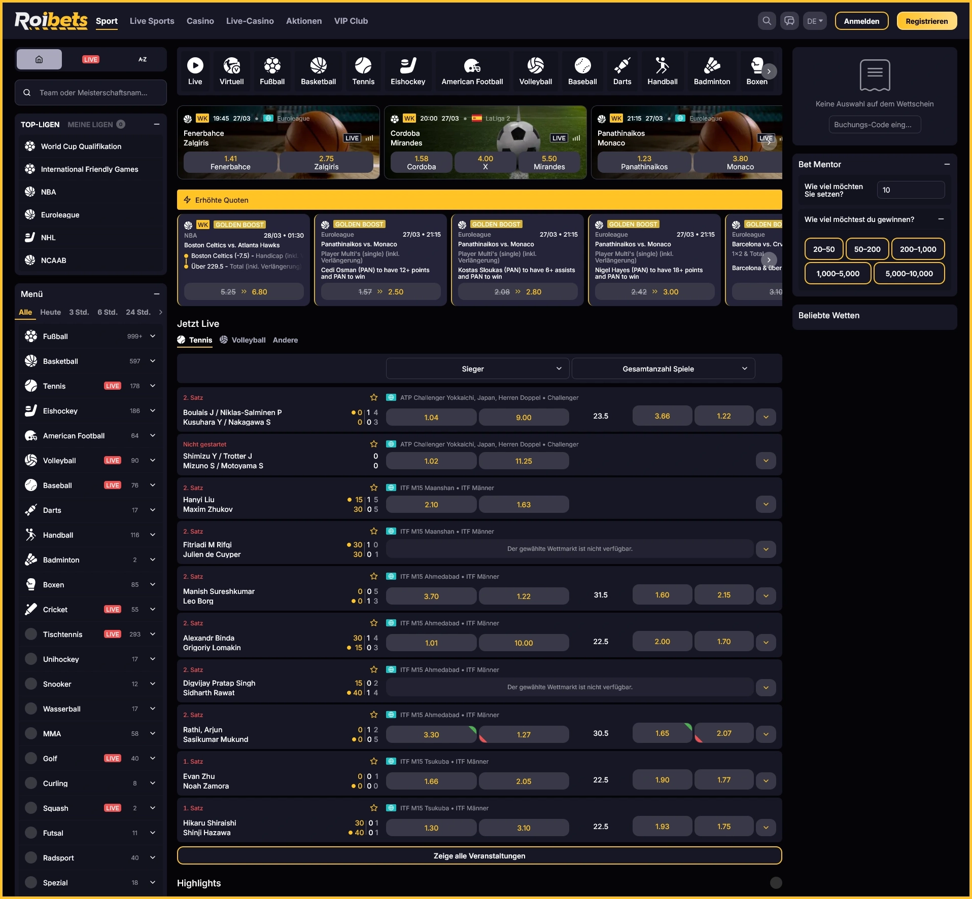 Live-Sportwetten in Echtzeit bei RoiBets Casino